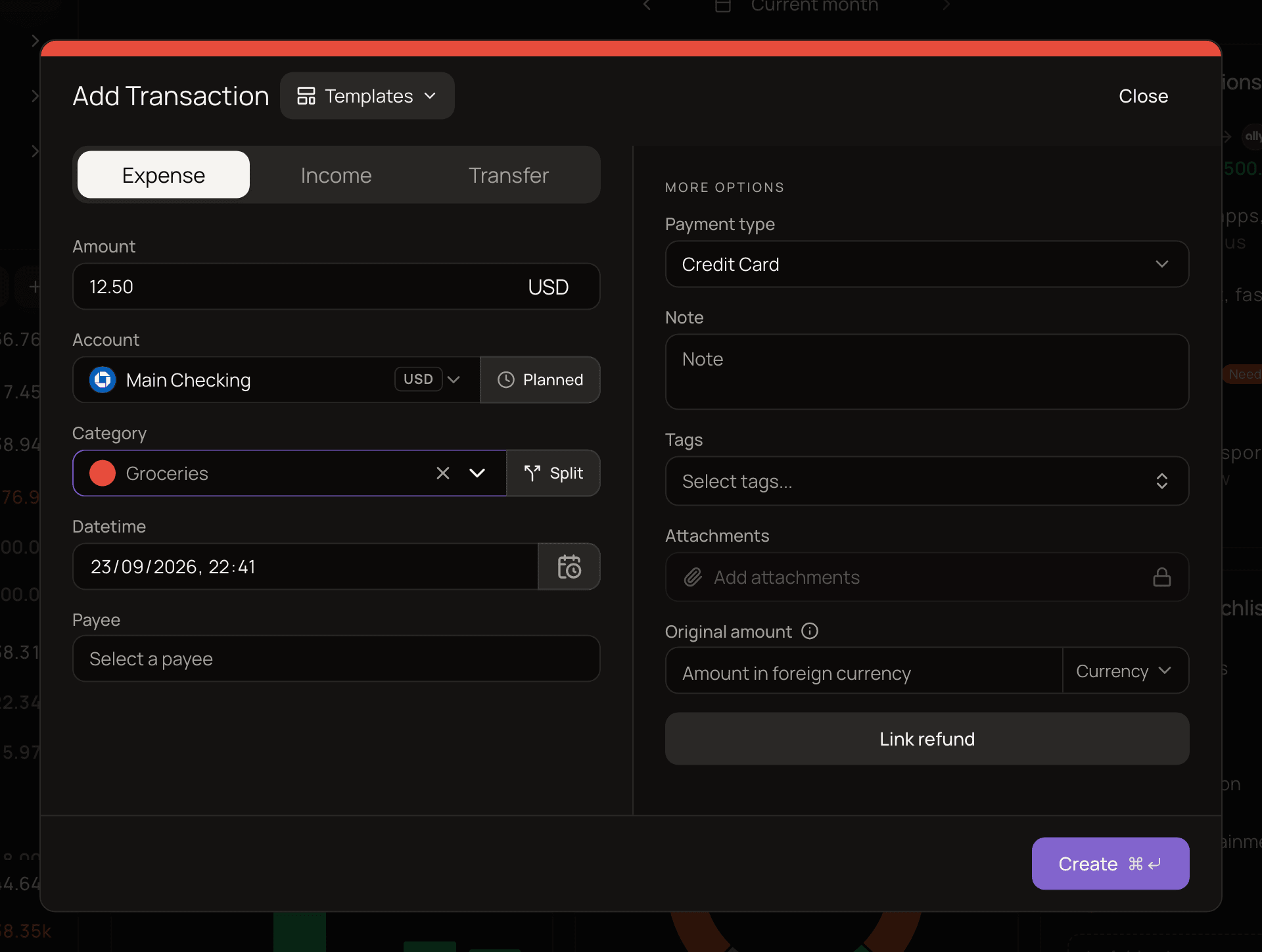 The Add Transaction dialog with the Expense tab selected, an amount of 12.50 USD, the Main Checking account and the Groceries category, and the More options column on the right with Payment type, Note and Tags.