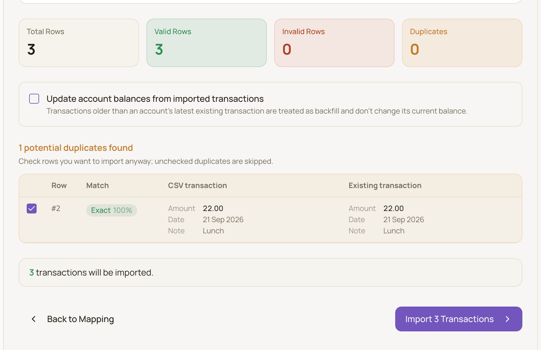 The Review step showing the Total, Valid, Invalid and Duplicates cards, the Update account balances checkbox, and a list of potential duplicates with one row ticked to import anyway.