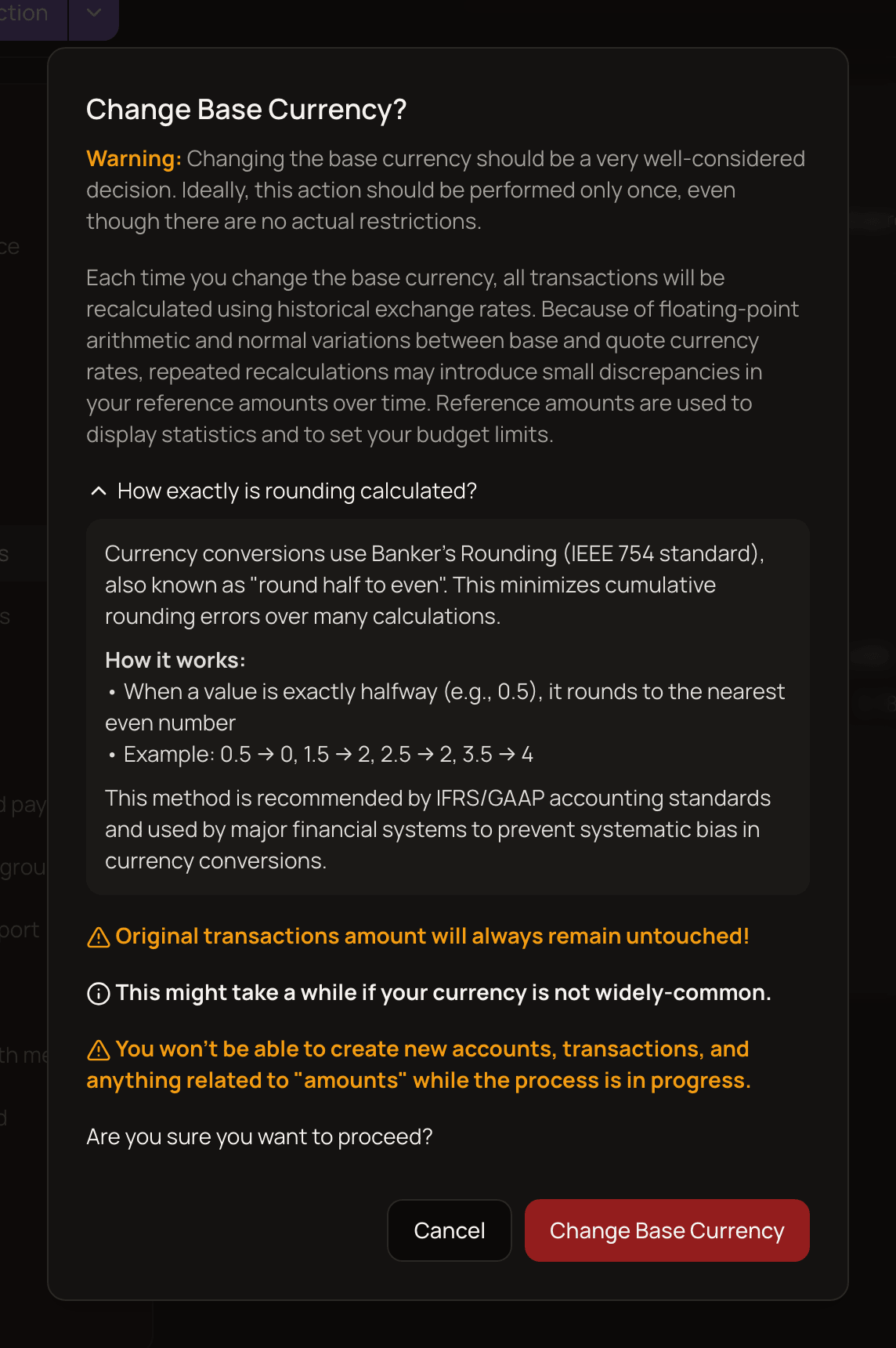 The Change Base Currency? confirmation dialog with its warnings and the rounding explanation expanded.