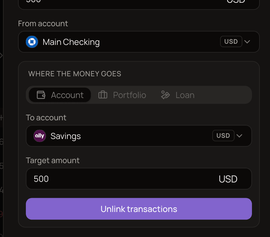 The Edit Transaction dialog for a transfer from Main Checking to Savings, with the Unlink transactions button inside the Where the money goes panel.